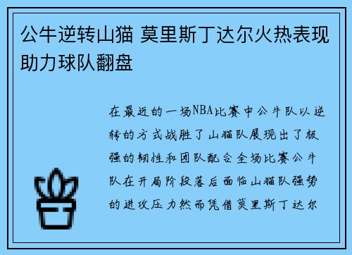 公牛逆转山猫 莫里斯丁达尔火热表现助力球队翻盘