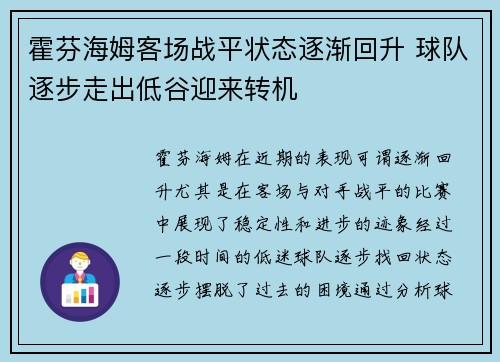 霍芬海姆客场战平状态逐渐回升 球队逐步走出低谷迎来转机