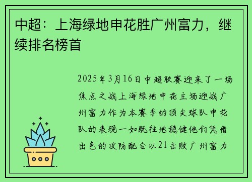中超：上海绿地申花胜广州富力，继续排名榜首