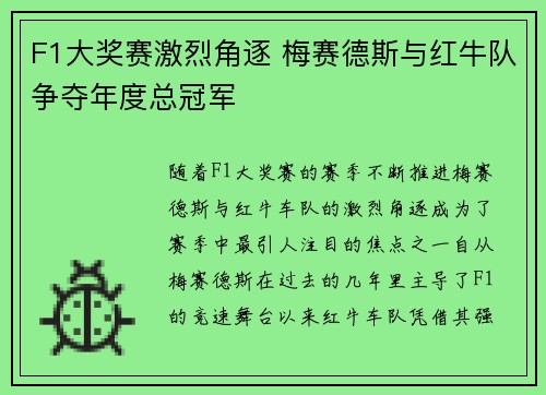 F1大奖赛激烈角逐 梅赛德斯与红牛队争夺年度总冠军