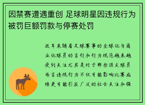 因禁赛遭遇重创 足球明星因违规行为被罚巨额罚款与停赛处罚